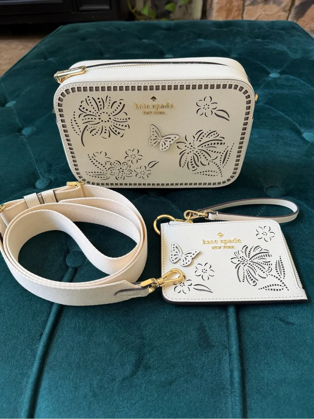 Kate Spade Madison Perforated Floral and Butterfly Bag and Wristlet Set